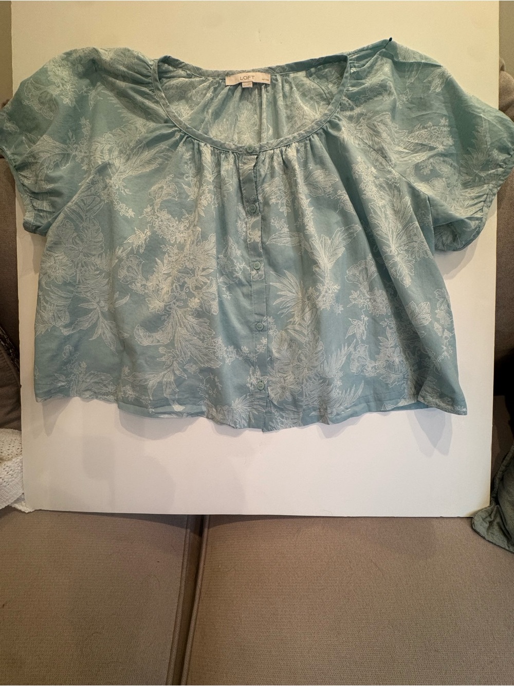 LOFT Light Teal Floral Short Sleeve Blouse